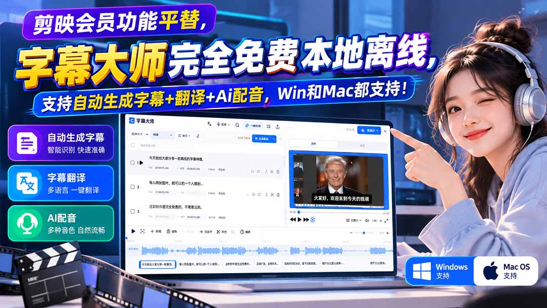 (20902期)剪映会员功能平替,字幕大师完全免费本地离线,支持自动生成字幕+翻译+Ai配音,Win和Mac都支持!插图1 (20902期)剪映会员功能平替,字幕大师完全免费本地离线,支持自动生成字幕+翻译+Ai配音,Win和Mac都支持!插图1