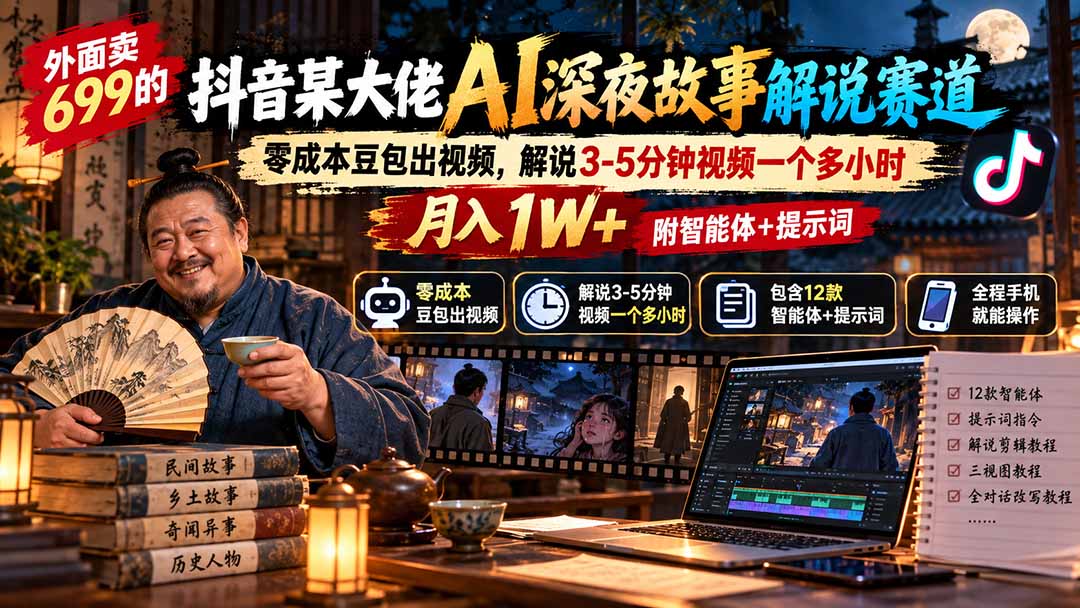 (20853期)外面卖699抖音某大佬AI深夜故事解说赛道-更新:0成本豆包出视频+解说3-5分钟视频一个多小时,月入1W+附智能体+提示词插图1 (20853期)外面卖699抖音某大佬AI深夜故事解说赛道-更新:0成本豆包出视频+解说3-5分钟视频一个多小时,月入1W+附智能体+提示词插图1