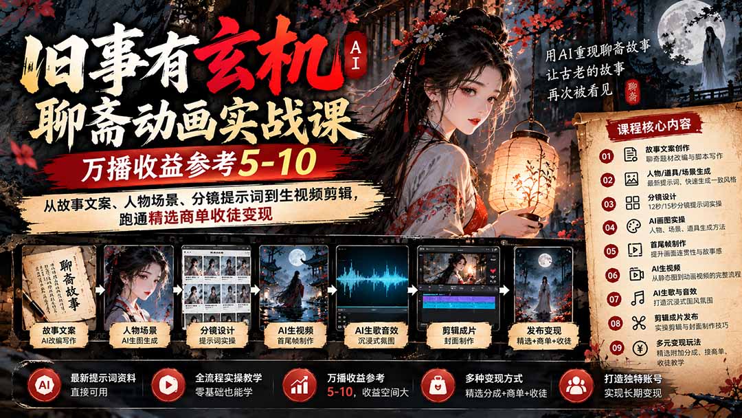 (20789期)旧事有玄机AI聊斋动画实战9月新课:万播收益参考5-10,从故事文案、人物场景到分镜生视频,跑通精选商单收徒插图1 (20789期)旧事有玄机AI聊斋动画实战9月新课:万播收益参考5-10,从故事文案、人物场景到分镜生视频,跑通精选商单收徒插图1