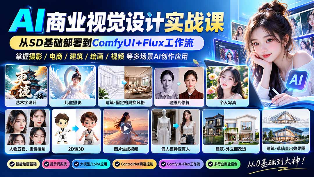 (20824期)【无水印】AI商业视觉设计实战课:从SD基础部署到ComfyUI+Flux工作流,掌握摄影电商建筑AI创作插图1 (20824期)【无水印】AI商业视觉设计实战课:从SD基础部署到ComfyUI+Flux工作流,掌握摄影电商建筑AI创作插图1