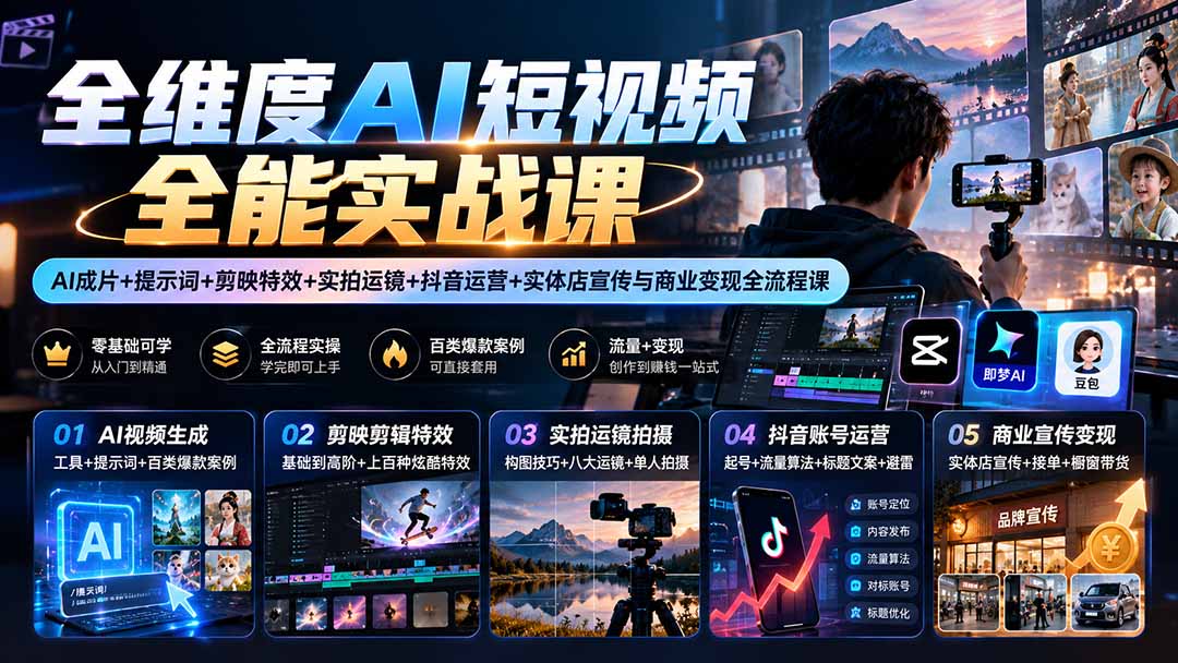 (20768期)【无水印】全维度AI短视频全能实战课:AI成片+提示词+剪映特效+实拍运镜+抖音运营+实体店宣传与商业变现全流程课插图1 (20768期)【无水印】全维度AI短视频全能实战课:AI成片+提示词+剪映特效+实拍运镜+抖音运营+实体店宣传与商业变现全流程课插图1
