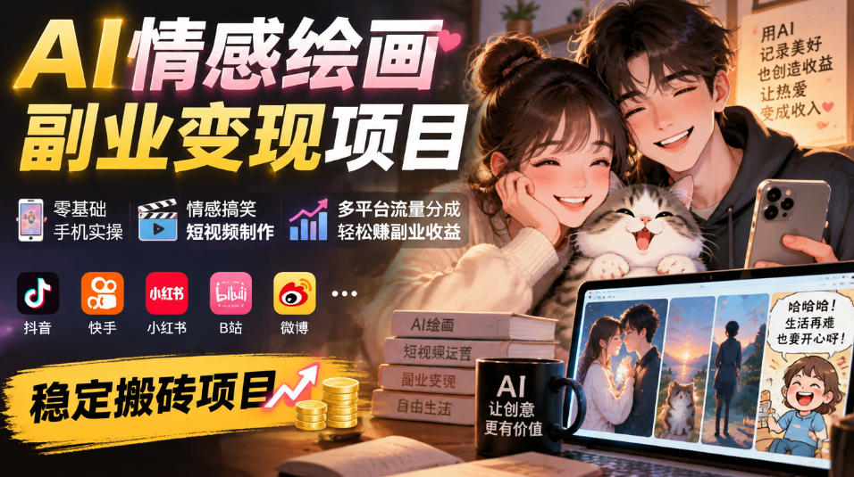 AI情感绘画副业变现项目|零基础手机实操,情感搞笑短视频制作,多平台流量分成轻松賺副业收益