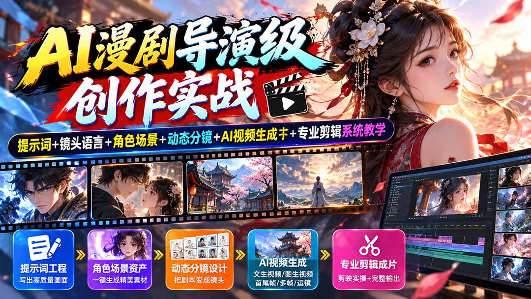 (20814期)AI漫剧导演级创作实战:提示词+镜头语言+角色场景+动态分镜+AI视频生成+专业剪辑系统教学插图1 (20814期)AI漫剧导演级创作实战:提示词+镜头语言+角色场景+动态分镜+AI视频生成+专业剪辑系统教学插图1