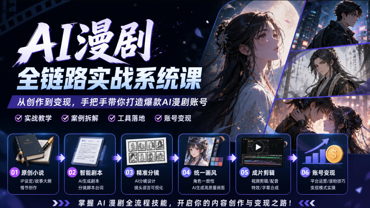 AI漫剧全链路实战系统课｜原创小说、智能剧本、精准分镜、统一画风、成片剪辑、账号变现实操教学