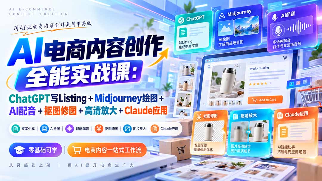 (20770期)【无水印】AI电商内容创作全能实战课:ChatGPT写Listing+Midjourney绘图+AI配音+抠图修图+高清放大+Claude应用插图1 (20770期)【无水印】AI电商内容创作全能实战课:ChatGPT写Listing+Midjourney绘图+AI配音+抠图修图+高清放大+Claude应用插图1