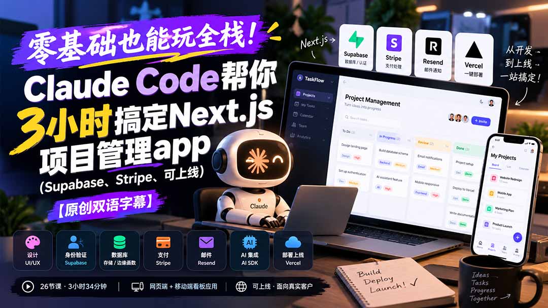 (20907期)零基础也能玩全栈!Claude Code帮你3小时搞定Next.js项目管理app(Supabase、Stripe、可上线)【原创双语字幕】插图1 (20907期)零基础也能玩全栈!Claude Code帮你3小时搞定Next.js项目管理app(Supabase、Stripe、可上线)【原创双语字幕】插图1
