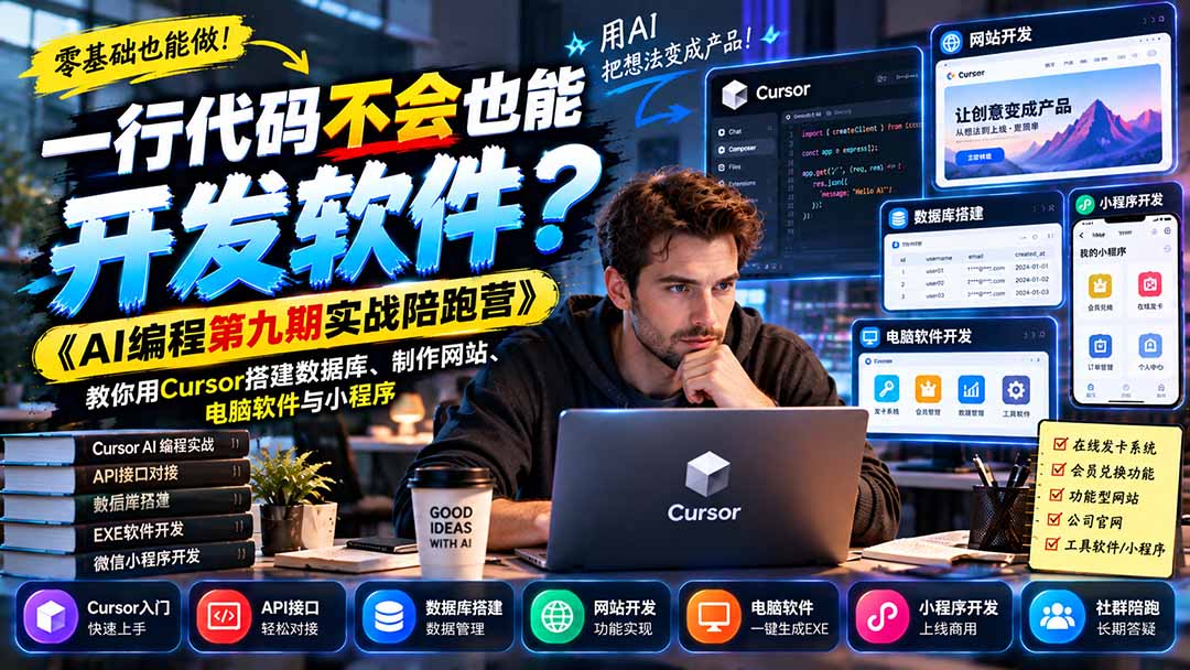 (21146期)一行代码不会也能开发软件?《AI编程第九期实战陪跑营》教你用Cursor搭建数据库、制作网站、电脑软件与小程序