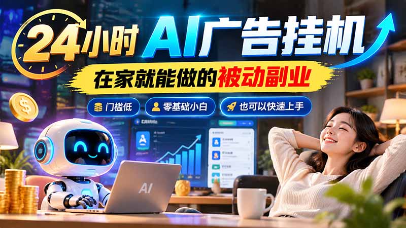 (21118期)24小时AI广告挂机|在家就能做的被动副业,门槛低,零基础小白也可以快速上手