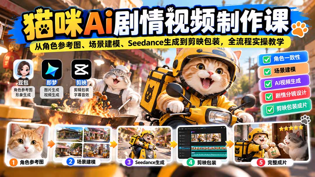 (20793期)猫咪AI剧情视频制作课:从角色参考图、场景建模、Seedance生成到剪映包装,全流程实操教学插图1 (20793期)猫咪AI剧情视频制作课:从角色参考图、场景建模、Seedance生成到剪映包装,全流程实操教学插图1