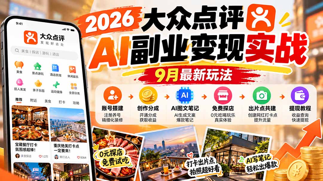 (20873期)2026大众点评AI副业变现实战9月最新玩法:账号搭建+创作分成+AI图文笔记+免费探店+出片点共建与提现教程插图1 (20873期)2026大众点评AI副业变现实战9月最新玩法:账号搭建+创作分成+AI图文笔记+免费探店+出片点共建与提现教程插图1