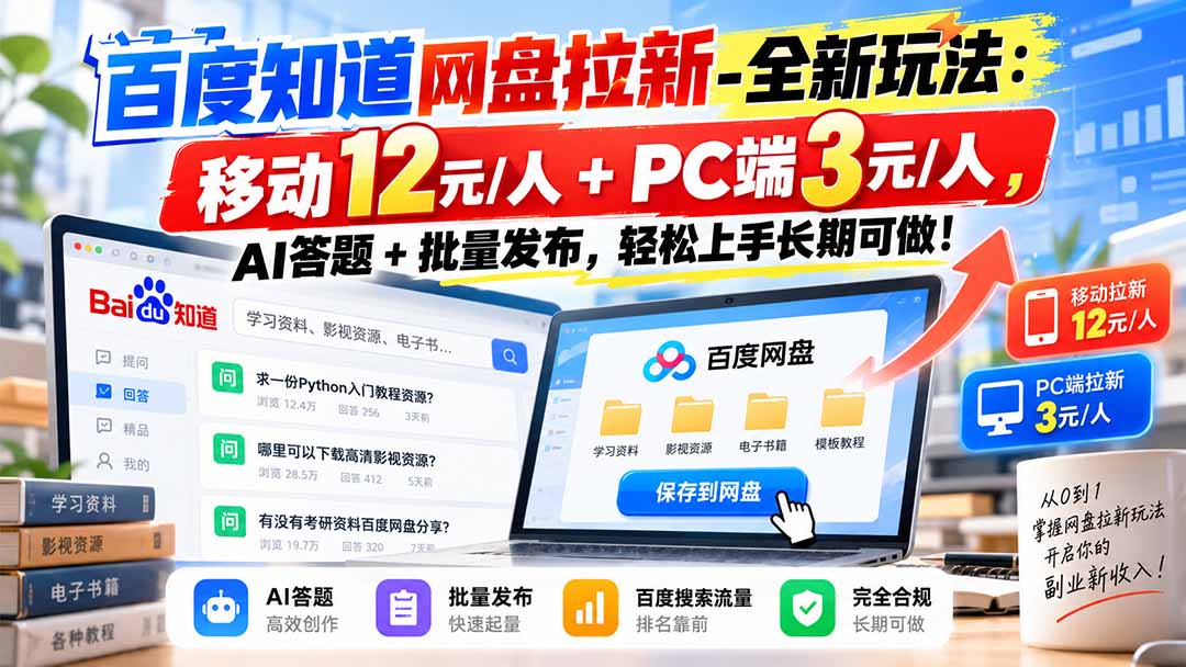 (20794期)百度知道网盘拉新-全新玩法:移动12元/人+PC端3元/人,AI答题+批量发布,轻松上手长期可做!插图1 (20794期)百度知道网盘拉新-全新玩法:移动12元/人+PC端3元/人,AI答题+批量发布,轻松上手长期可做!插图1