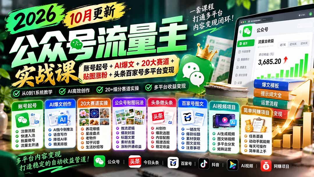 （20878期）2026公众号流量主实战课-10月更新：账号起号+AI爆文+20大赛道+贴图涨粉+头条百家号多平台变现插图1