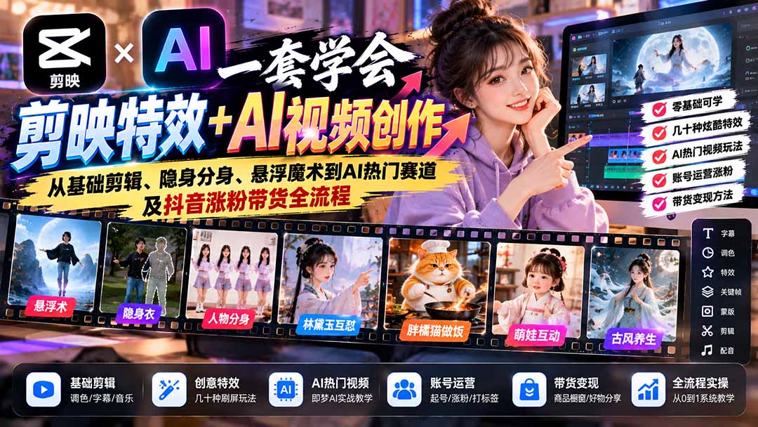 (20999期)一套学会剪映特效+AI视频创作:从基础剪辑、隐身分身、悬浮魔术到AI热门赛道及抖音涨粉带货全流程