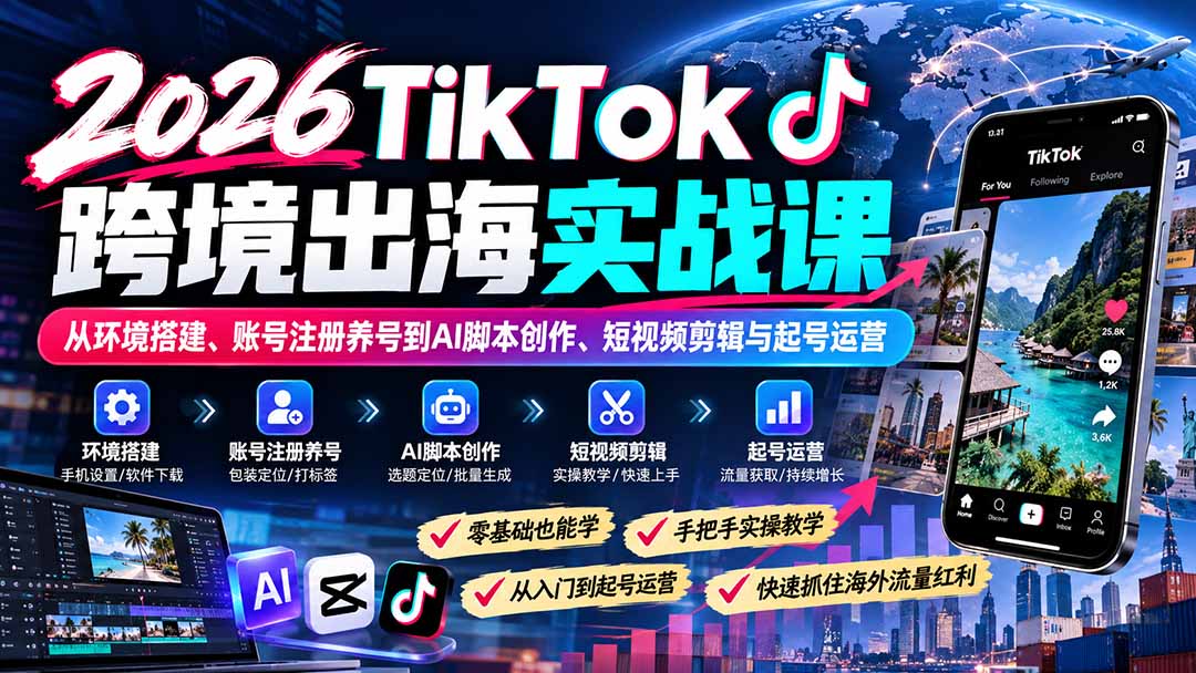 (21170期)2026TikTok跨境出海实战课:从环境搭建、账号注册养号到AI脚本创作、短视频剪辑与起号运营