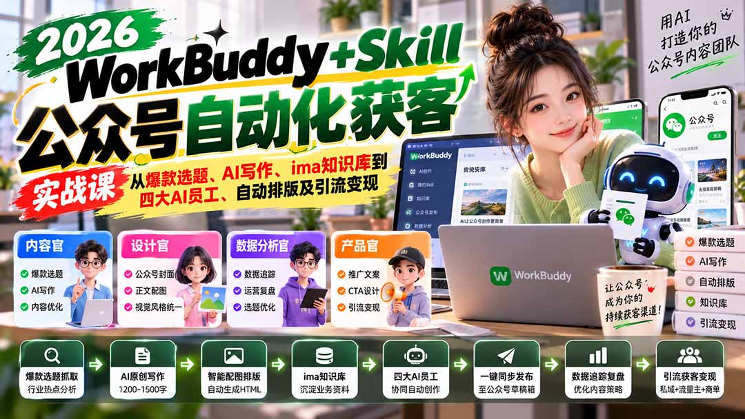 (21023期)WorkBuddy + Skill公众号自动化获客实战课:从爆款选题、AI写作、ima知识库到四大AI员工、自动排版及引流变现插图 (21023期)WorkBuddy + Skill公众号自动化获客实战课:从爆款选题、AI写作、ima知识库到四大AI员工、自动排版及引流变现插图