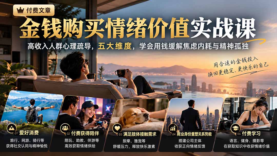 (20941期)付费文章:金钱购买情绪价值实战课|高收入人群心理疏导,五大维度,学会用钱缓解焦虑内耗与精神孤独