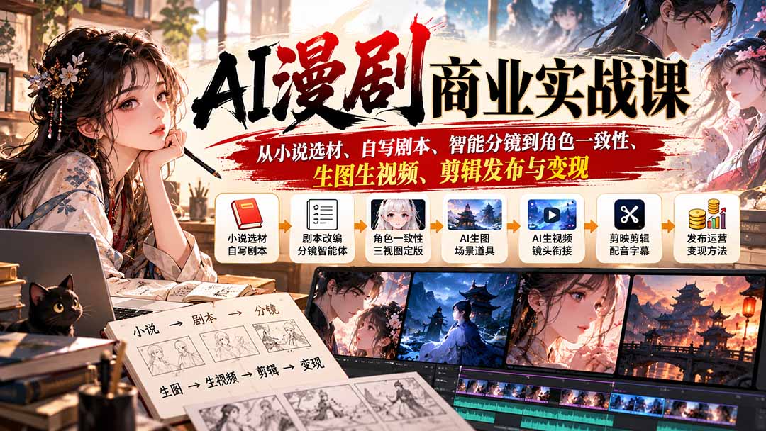 (20811期)AI漫剧商业实战课:从小说选材、自写剧本、智能分镜到角色一致性、生图生视频、剪辑发布与变现插图1 (20811期)AI漫剧商业实战课:从小说选材、自写剧本、智能分镜到角色一致性、生图生视频、剪辑发布与变现插图1