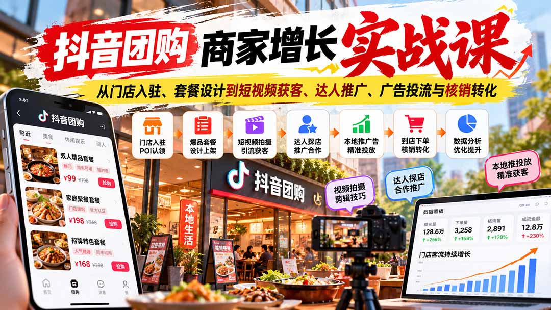 (20813期)抖音团购商家增长实战课:从门店入驻、套餐设计到短视频获客、达人推广、广告投流与核销转化