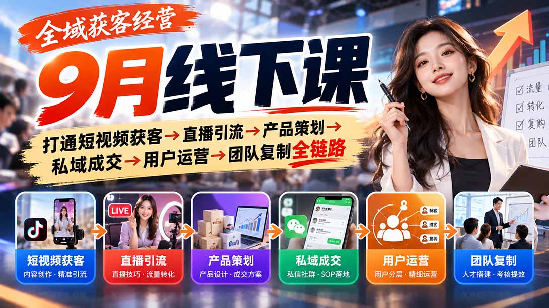(20777期)全域获客经营9月线下课:打通短视频获客→直播引流→产品策划→私域成交→用户运营→团队复制全链路插图1 (20777期)全域获客经营9月线下课:打通短视频获客→直播引流→产品策划→私域成交→用户运营→团队复制全链路插图1