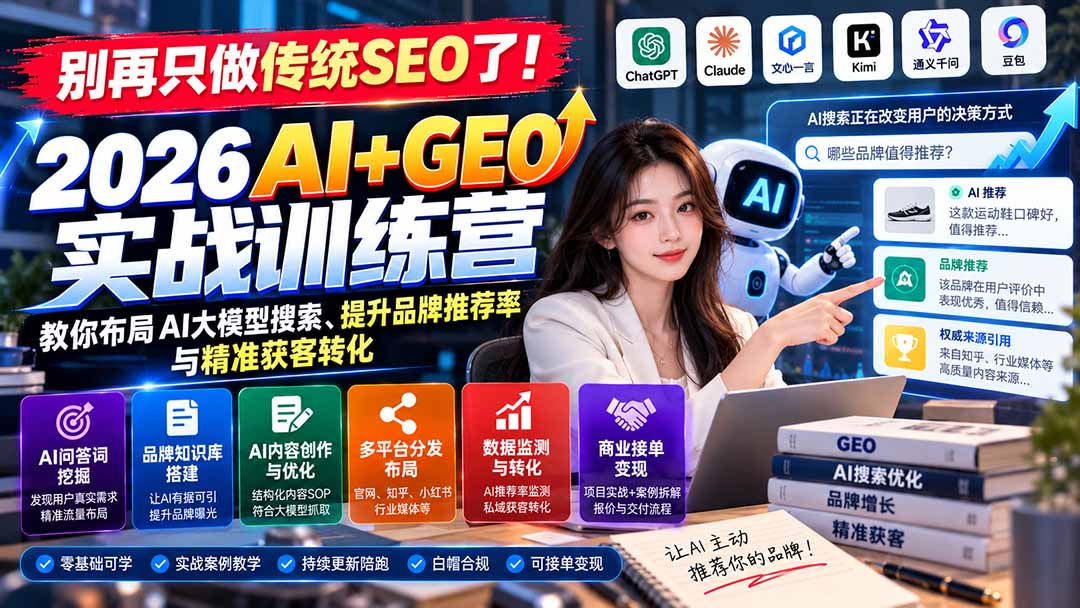 （21191期）别再只做传统SEO了！《2026AI+GEO实战训练营》教你布局AI大模型搜索、提升品牌推荐率与精准获客转化