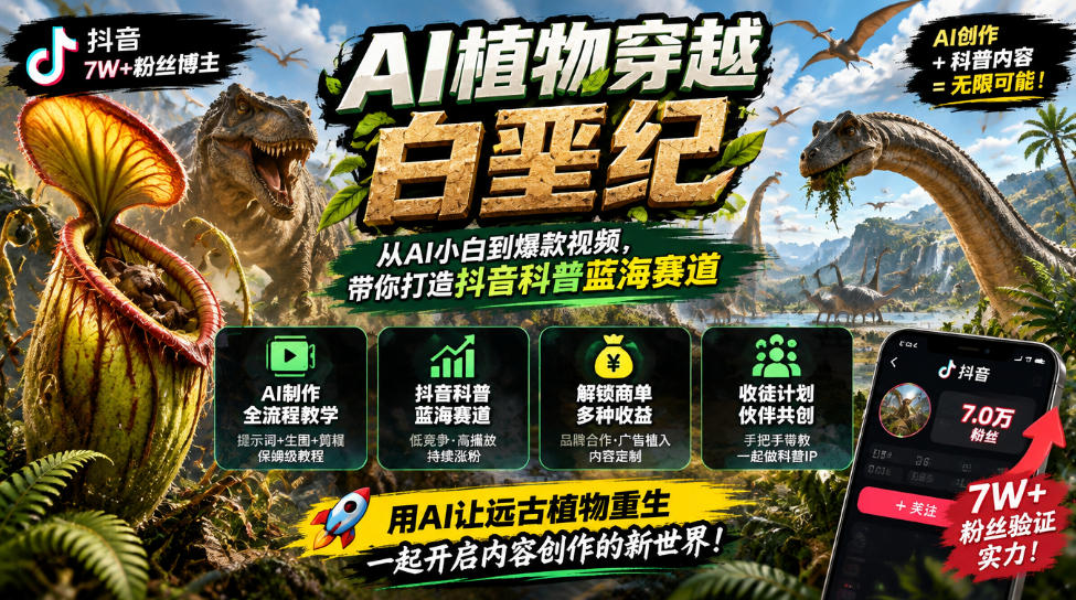 抖音7W粉丝博主的AI植物穿越白垩纪教学,抖音科普蓝海赛道,解锁商单收徒伙伴计划等多种收益插图 抖音7W粉丝博主的AI植物穿越白垩纪教学,抖音科普蓝海赛道,解锁商单收徒伙伴计划等多种收益插图