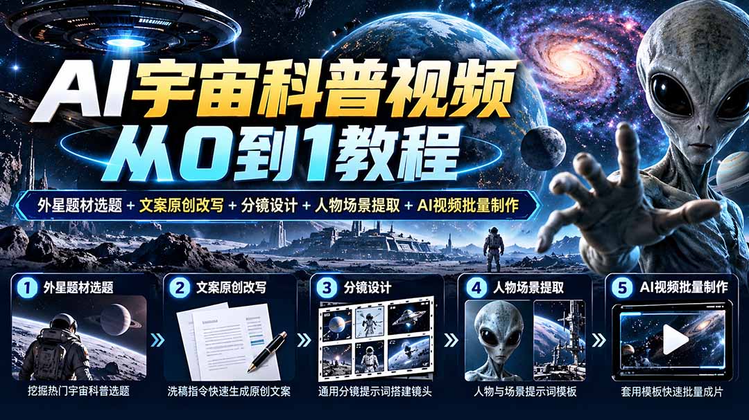 (20774期)AI宇宙科普视频从0到1教程|外星题材选题+文案原创改写+分镜设计+人物场景提取+AI视频批量制作