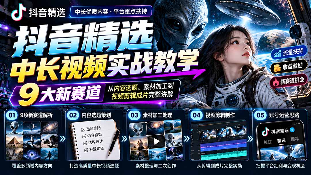 (20775期)抖音精选中长视频实战教学:拆解9项细分赛道,从内容选题、素材加工到视频剪辑成片完整讲解插图1 (20775期)抖音精选中长视频实战教学:拆解9项细分赛道,从内容选题、素材加工到视频剪辑成片完整讲解插图1