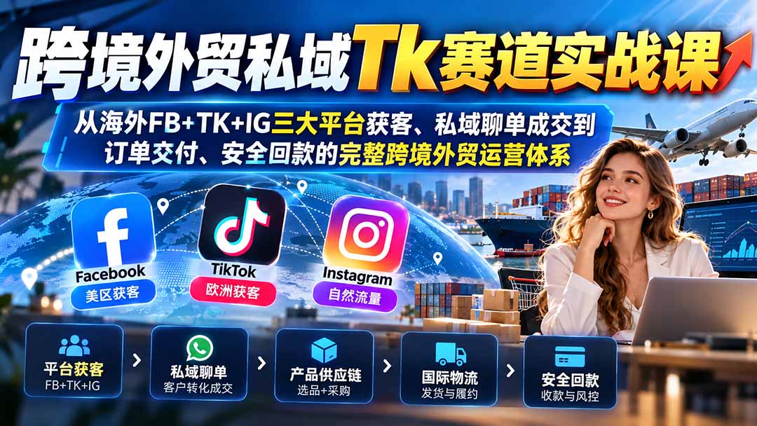 (20894期)跨境外贸私域Tk赛道实战课:从海外FB+TK+IG三大平台获客、私域聊单成交到订单交付、安全回款的完整跨境外贸运营体系插图1 (20894期)跨境外贸私域Tk赛道实战课:从海外FB+TK+IG三大平台获客、私域聊单成交到订单交付、安全回款的完整跨境外贸运营体系插图1