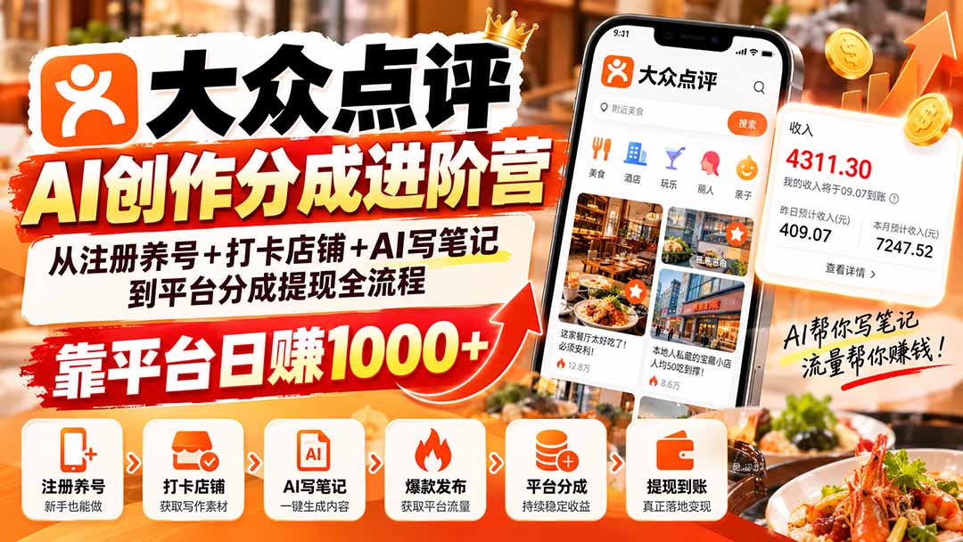 (20759期)大众点评AI创作分成进阶营:从注册养号+打卡店铺+AI写笔记到平台分成提现全流程,靠平台日赚1000+插图1 (20759期)大众点评AI创作分成进阶营:从注册养号+打卡店铺+AI写笔记到平台分成提现全流程,靠平台日赚1000+插图1
