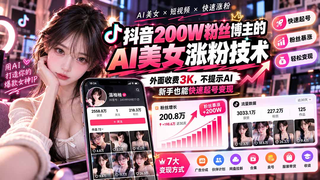 (21106期)抖音200W粉丝博主的AI美女涨粉技术,外面收费3K,不提示AI,新手也能快速起号变现