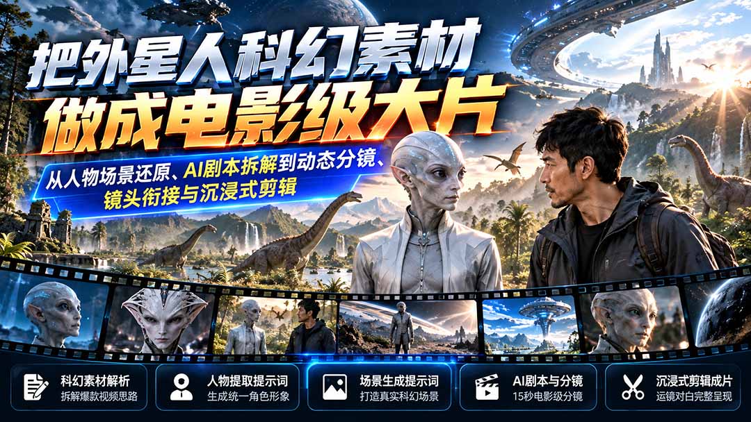 (20946期)把外星人科幻素材做成电影级大片:从人物场景还原、AI剧本拆解到动态分镜、镜头衔接与沉浸式剪辑
