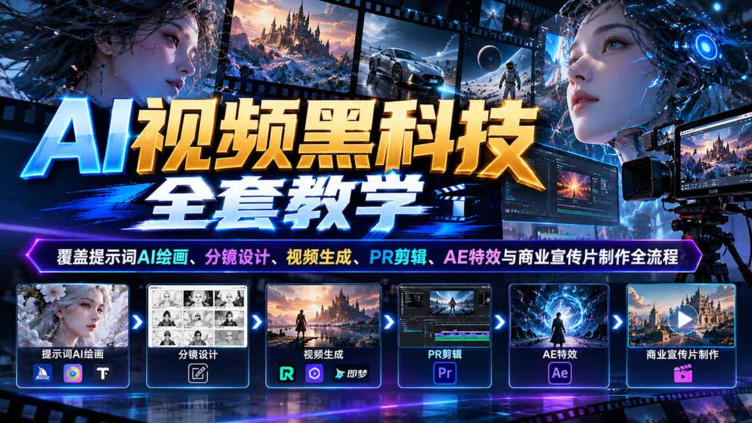 (21095期)AI视频黑科技全套教学:覆盖提示词AI绘画、分镜设计、视频生成、PR剪辑、AE特效与商业宣传片制作全流程插图 (21095期)AI视频黑科技全套教学:覆盖提示词AI绘画、分镜设计、视频生成、PR剪辑、AE特效与商业宣传片制作全流程插图