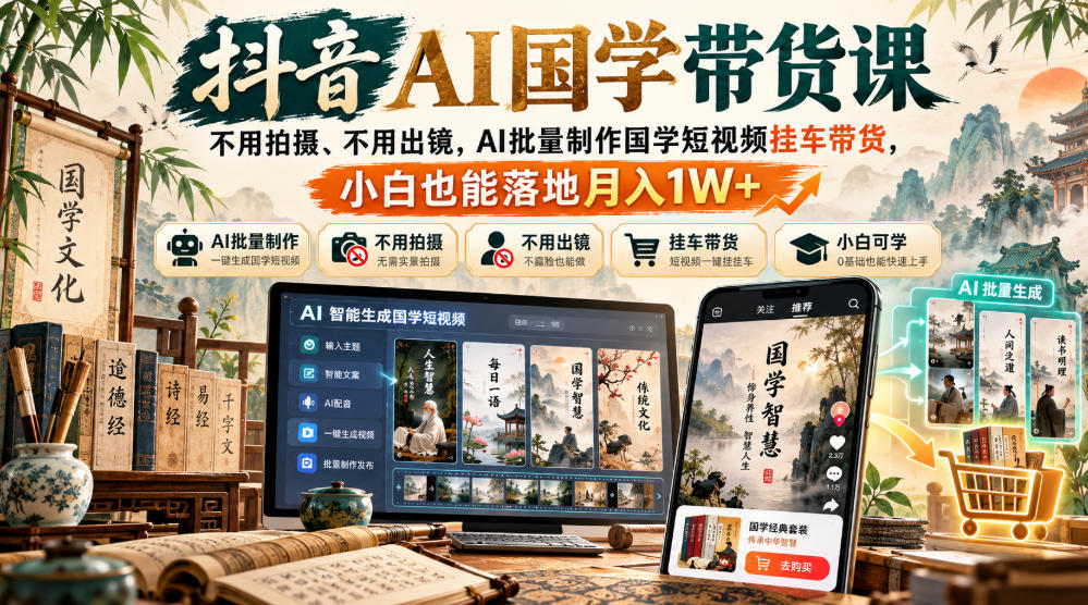 抖音AI国学带货课,不用拍摄、不用出镜,AI批量制作国学短视频挂车带货,小白也能落地月入1W+插图 抖音AI国学带货课,不用拍摄、不用出镜,AI批量制作国学短视频挂车带货,小白也能落地月入1W+插图