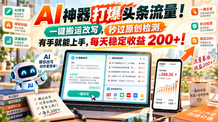 AI神器打爆头条流量,一键搬运改写,秒过原创检测,有手就能上手,每天稳定收益200+!【揭秘】