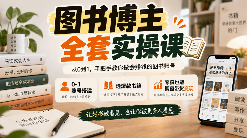 图书博主全套实操课，0‑1账号搭建，选爆款书籍，零粉也能橱窗带货变现