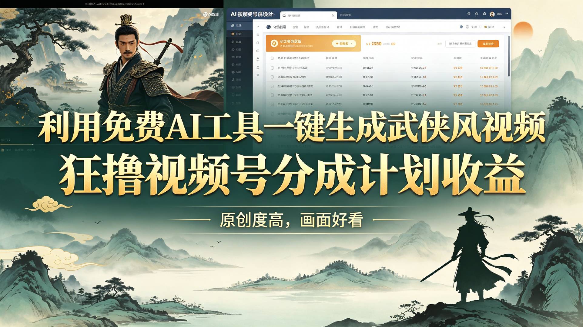 利用免费AI工具一键生成武侠风视频,狂撸视频号分成计划收益,原创度高,画面好看
