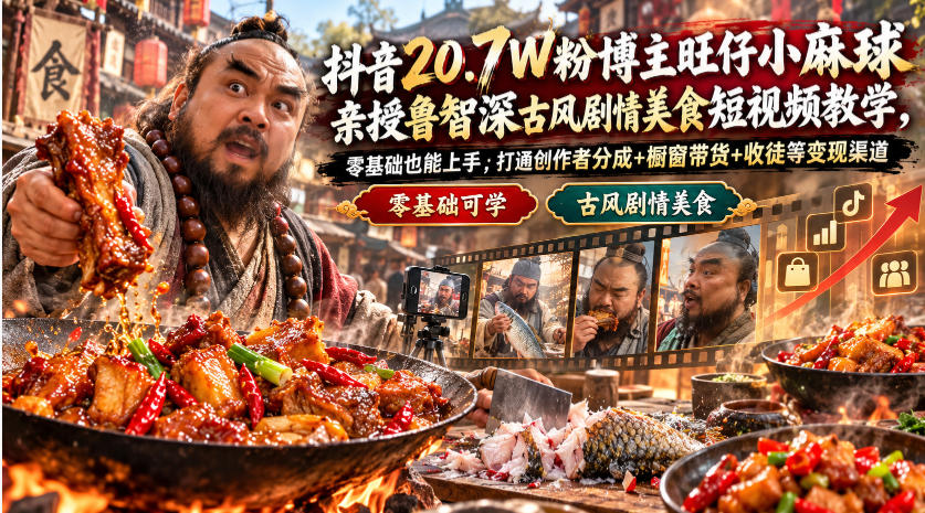 抖音20.7W粉博主旺仔小麻球亲授鲁智深古风剧情美食短视频教学，零基础也能上手，打通创作者分成+橱窗带货+收徒等变现渠道插图