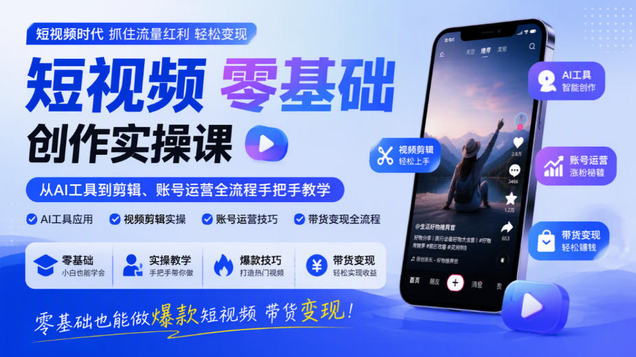 短视频零基础创作实操课,从AI工具到剪辑、账号运营全流程手把手教学,零基础也能做爆款短视频带货变现