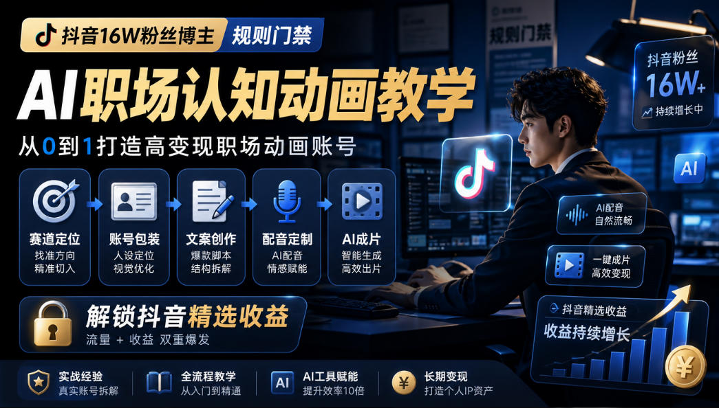 抖音16W粉丝博主规则门禁的AI职场认知动画教学,从赛道定位、账号包装,到文案创作、配音定制、AI成片,解锁抖音精选收益插图 抖音16W粉丝博主规则门禁的AI职场认知动画教学,从赛道定位、账号包装,到文案创作、配音定制、AI成片,解锁抖音精选收益插图