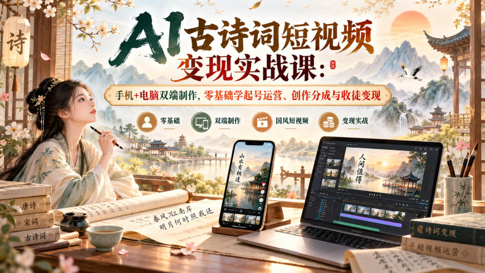 AI古诗词短视频变现实战课:手机+电脑双端制作,零基础学起号运营、创作分成与收徒变现插图 AI古诗词短视频变现实战课:手机+电脑双端制作,零基础学起号运营、创作分成与收徒变现插图