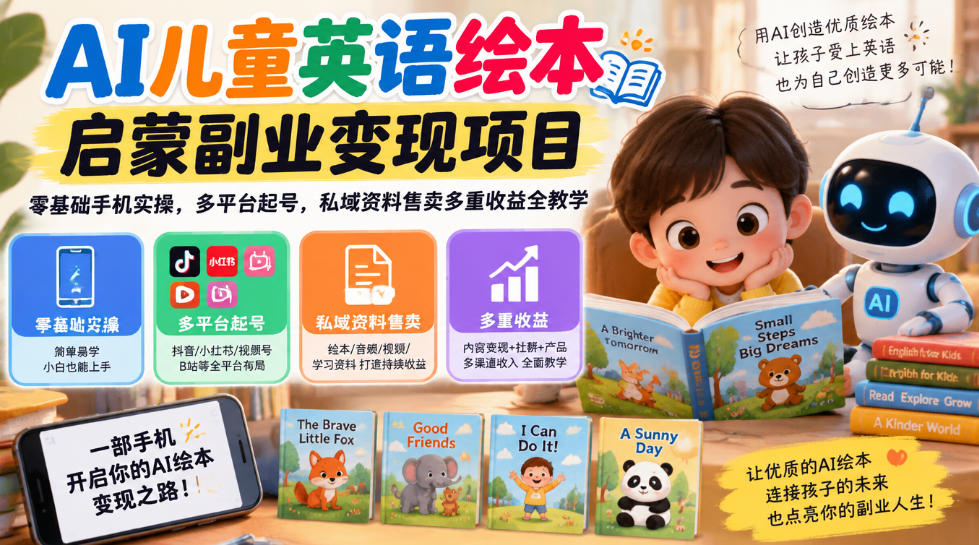 AI儿童英语绘本启蒙副业变现项目,零基础手机实操,多平台起号,私域资料售卖多重收益全教学