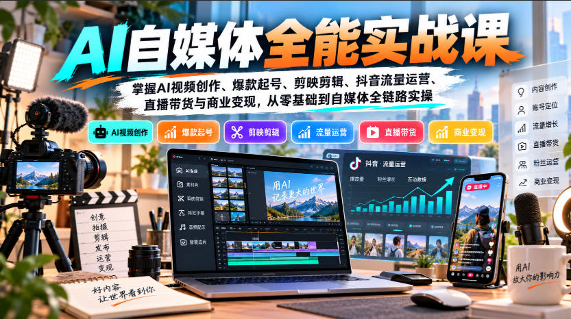 【无水印】AI自媒体全能实战课,掌握AI视频创作、爆款起号、剪映剪辑、抖音流量运营、直播带货与商业变现,从零基础到自媒体全链路实操