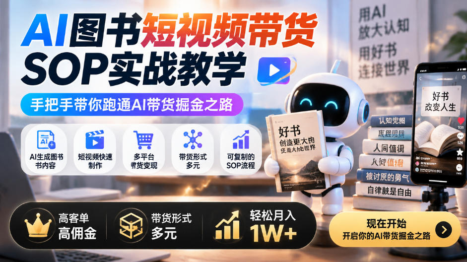 AI图书短视频带货SOP实战教学,手把手带你跑通AI带货掘金之路,高客单高佣金,带货形式多元,轻松月入1W+插图 AI图书短视频带货SOP实战教学,手把手带你跑通AI带货掘金之路,高客单高佣金,带货形式多元,轻松月入1W+插图