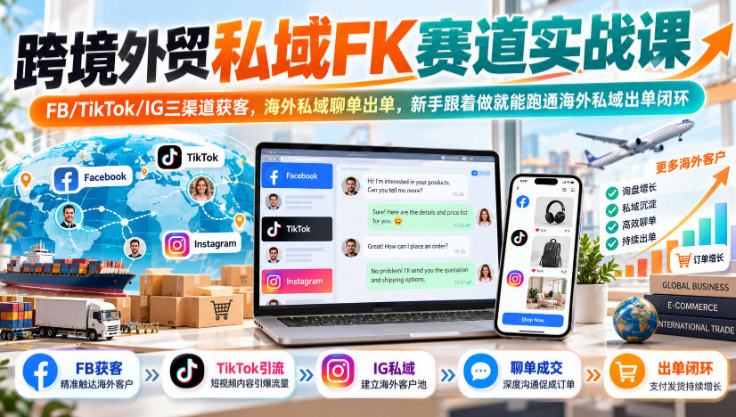跨境外贸私域FK赛道实战课|FB/TikTok/IG三渠道获客,海外私域聊单出单,新手跟着做就能跑通海外私域出单闭环