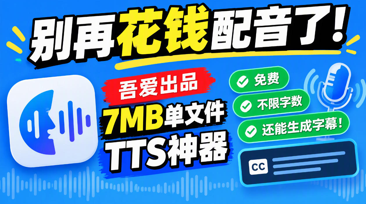 别再花钱配音了!吾爱出品7MB单文件TTS神器,免费不限字数还能生成字幕!插图 别再花钱配音了!吾爱出品7MB单文件TTS神器,免费不限字数还能生成字幕!插图