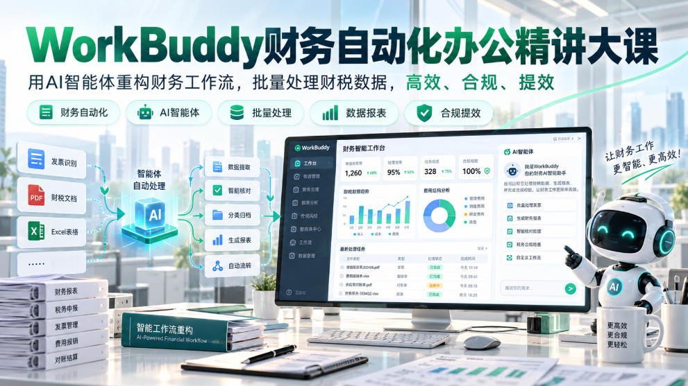 WorkBuddy财务自动化办公精讲大课，用AI智能体重构财务工作流，批量处理财税数据，高效、合规、提效