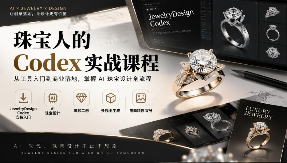 珠宝人的Codex实战课程|JewelryDesign Codex安装入门、AI珠宝设计、爆款二创、多视图生成、电商精修海报全链路教学插图 珠宝人的Codex实战课程|JewelryDesign Codex安装入门、AI珠宝设计、爆款二创、多视图生成、电商精修海报全链路教学插图