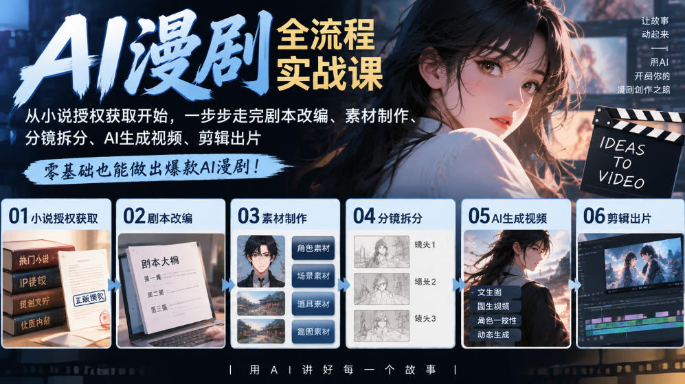 AI漫剧全流程实战课|从小说授权获取开始,一步步走完剧本改编、素材制作、分镜拆分、AI生成视频、剪辑出片全流程
