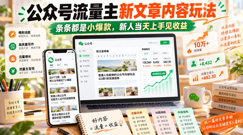 公众号流量主新文章内容玩法,条条都是小爆款,新人当天上手见收益