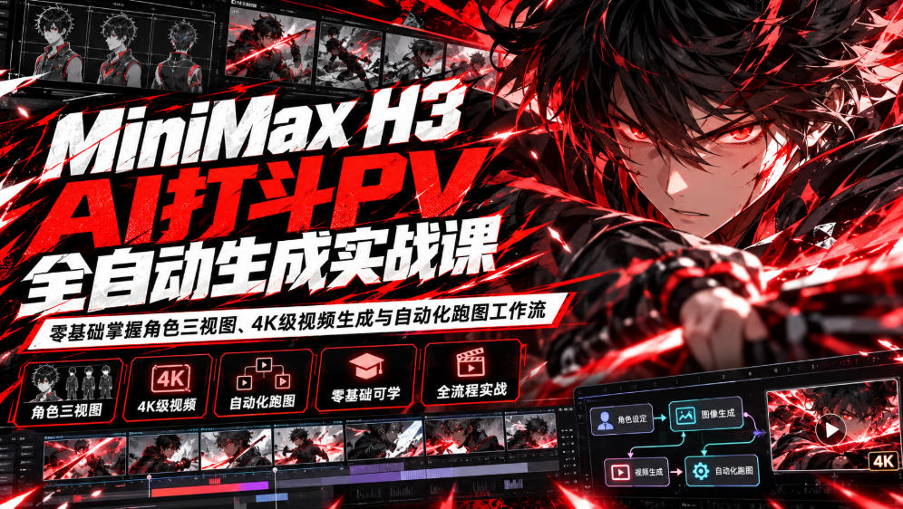 MiniMax H3 AI打斗PV全自动生成实战课：零基础掌握角色三视图、4K级视频生成与自动化跑图工作流